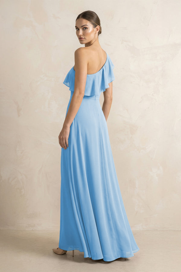 Ruffled One - Shoulder A - Line Chiffon Bridesmaid Dress in Steel Blue - KISS BRIDAL Bridesmaid Dresses