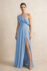 Ruffled One-Shoulder A-Line Chiffon Bridesmaid Dress in Steel Blue | KISSBRIDAL