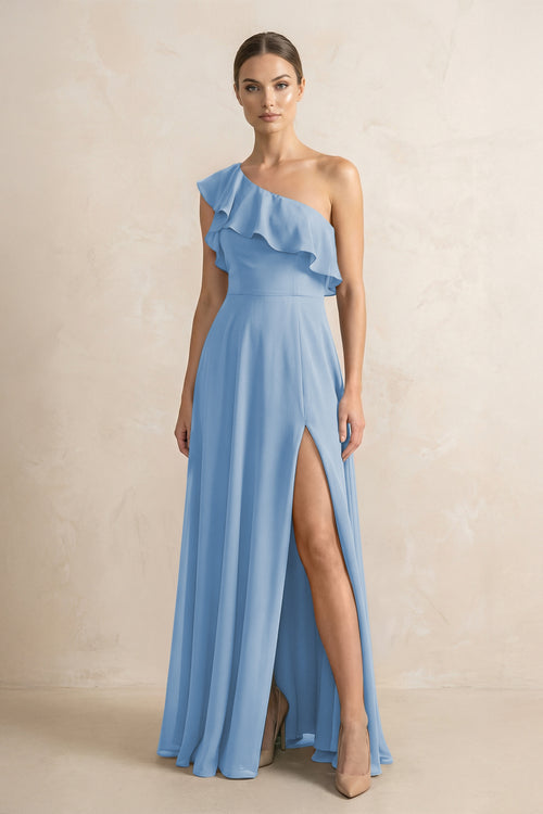 Ruffled One-Shoulder A-Line Chiffon Bridesmaid Dress in Steel Blue | KISSBRIDAL