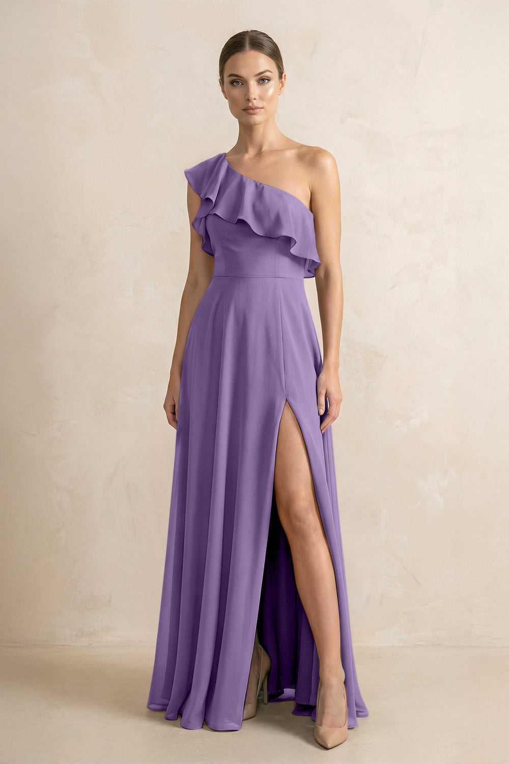 Ruffled One - Shoulder A - Line Chiffon Bridesmaid Dress in Tahiti - KISS BRIDAL Bridesmaid Dresses
