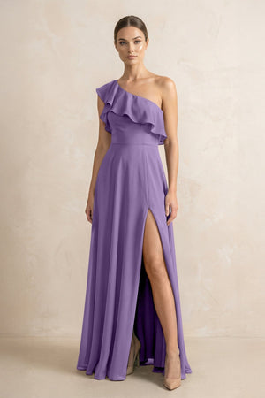 Ruffled One - Shoulder A - Line Chiffon Bridesmaid Dress in Tahiti - KISS BRIDAL Bridesmaid Dresses