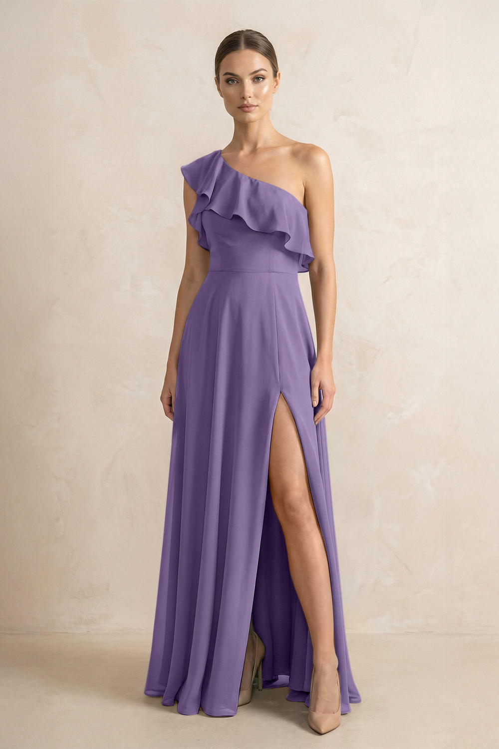 Ruffled One-Shoulder A-Line Chiffon Bridesmaid Dress in Tahiti