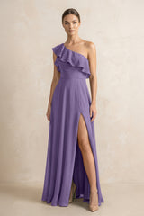 Ruffled One-Shoulder A-Line Chiffon Bridesmaid Dress in Tahiti | KISSBRIDAL
