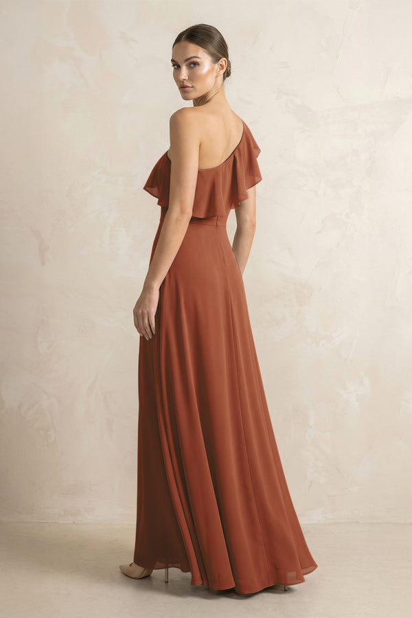 Ruffled One-Shoulder A-Line Chiffon Bridesmaid Dress in Terracotta (2) | KISSBRIDAL