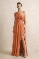 Ruffled One - Shoulder A - Line Chiffon Bridesmaid Dress in Terracotta - KISS BRIDAL Bridesmaid Dresses