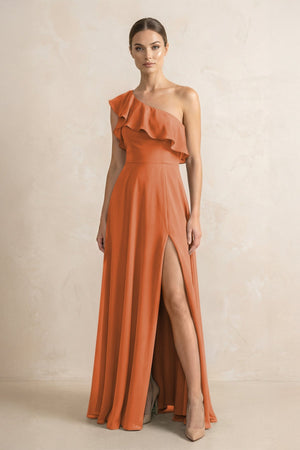 Ruffled One - Shoulder A - Line Chiffon Bridesmaid Dress in Terracotta - KISS BRIDAL Bridesmaid Dresses