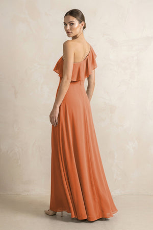 Ruffled One - Shoulder A - Line Chiffon Bridesmaid Dress in Terracotta - KISS BRIDAL Bridesmaid Dresses
