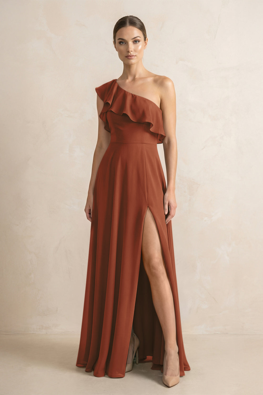 Ruffled One-Shoulder A-Line Chiffon Bridesmaid Dress in Terracotta