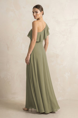 Ruffled One-Shoulder A-Line Chiffon Bridesmaid Dress in Thyme (2) | KISSBRIDAL