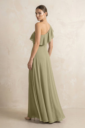 Ruffled One - Shoulder A - Line Chiffon Bridesmaid Dress in Thyme - SHE IS ME Bridesmaid Dresses