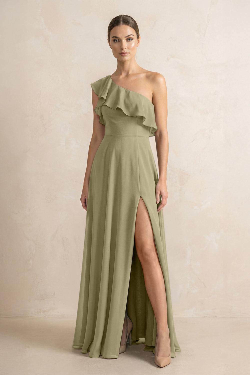 Ruffled One - Shoulder A - Line Chiffon Bridesmaid Dress in Thyme - KISS BRIDAL Bridesmaid Dresses
