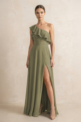 Ruffled One-Shoulder A-Line Chiffon Bridesmaid Dress in Thyme | KISSBRIDAL