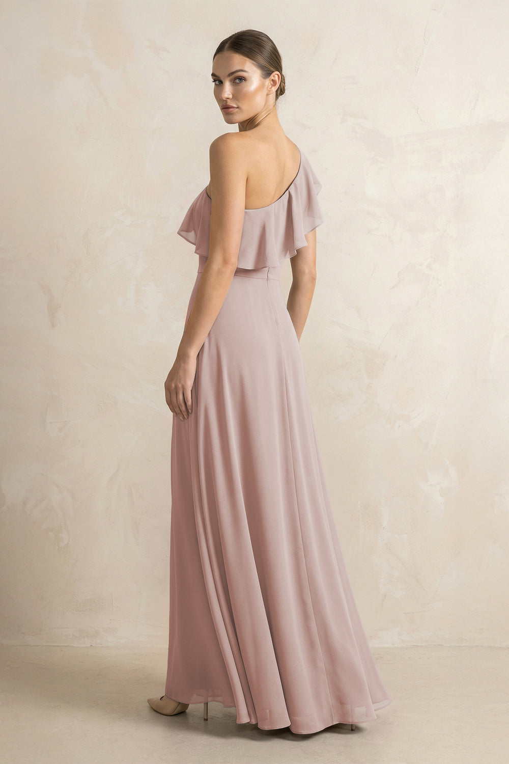Ruffled One-Shoulder A-Line Chiffon Bridesmaid Dress in Toffee