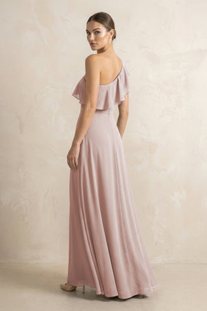 Ruffled One - Shoulder A - Line Chiffon Bridesmaid Dress in Toffee - SHE IS ME Bridesmaid Dresses