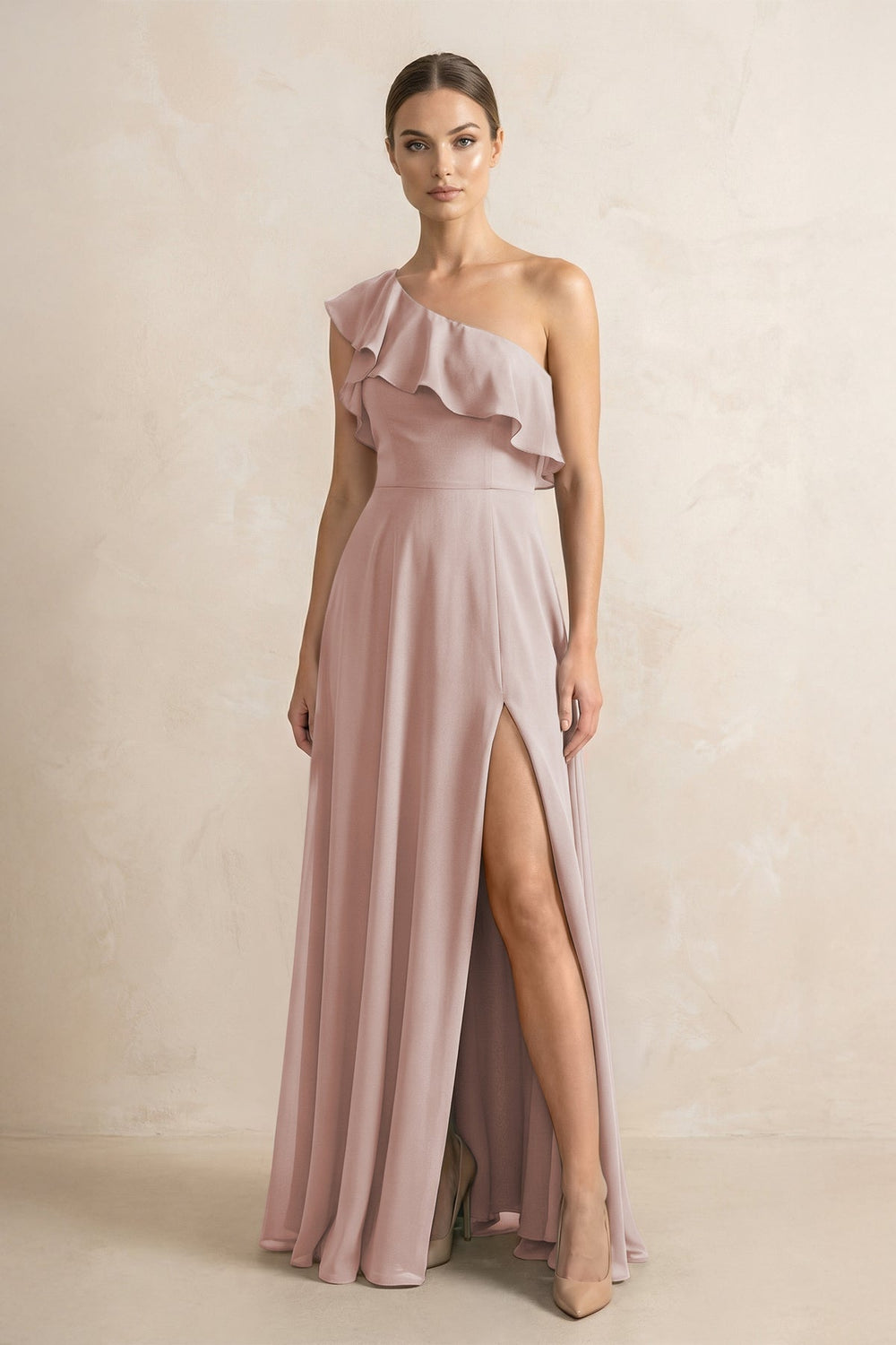 Ruffled One - Shoulder A - Line Chiffon Bridesmaid Dress in Toffee - KISS BRIDAL Bridesmaid Dresses