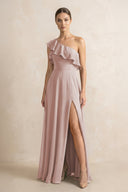 Ruffled One - Shoulder A - Line Chiffon Bridesmaid Dress in Toffee - SHE IS ME Bridesmaid Dresses