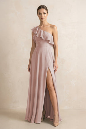 Ruffled One - Shoulder A - Line Chiffon Bridesmaid Dress in Toffee - SHE IS ME Bridesmaid Dresses