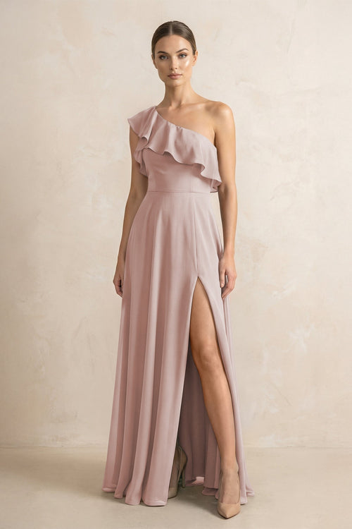 Ruffled One - Shoulder A - Line Chiffon Bridesmaid Dress in Toffee - SHE IS ME Bridesmaid Dresses