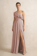 Ruffled One-Shoulder A-Line Chiffon Bridesmaid Dress in Toffee | KISSBRIDAL