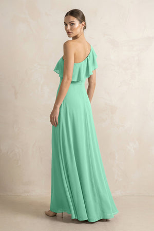 Ruffled One - Shoulder A - Line Chiffon Bridesmaid Dress in Turquoise - KISS BRIDAL Bridesmaid Dresses