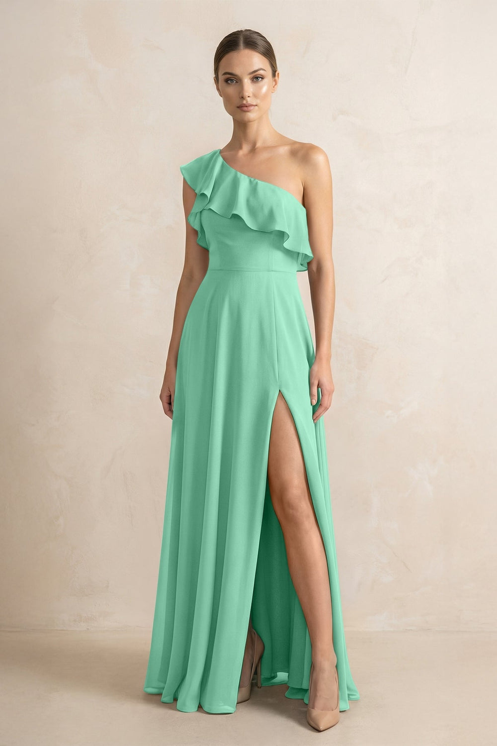 Ruffled One - Shoulder A - Line Chiffon Bridesmaid Dress in Turquoise - KISS BRIDAL Bridesmaid Dresses