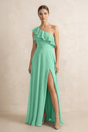 Ruffled One - Shoulder A - Line Chiffon Bridesmaid Dress in Turquoise - KISS BRIDAL Bridesmaid Dresses