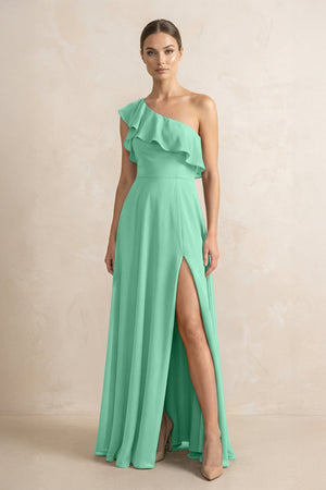 Ruffled One - Shoulder A - Line Chiffon Bridesmaid Dress in Turquoise - KISS BRIDAL Bridesmaid Dresses