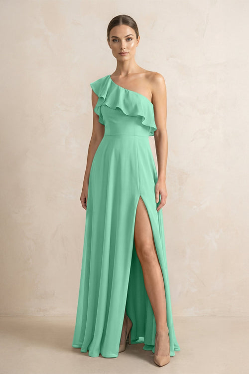 Ruffled One - Shoulder A - Line Chiffon Bridesmaid Dress in Turquoise - KISS BRIDAL Bridesmaid Dresses