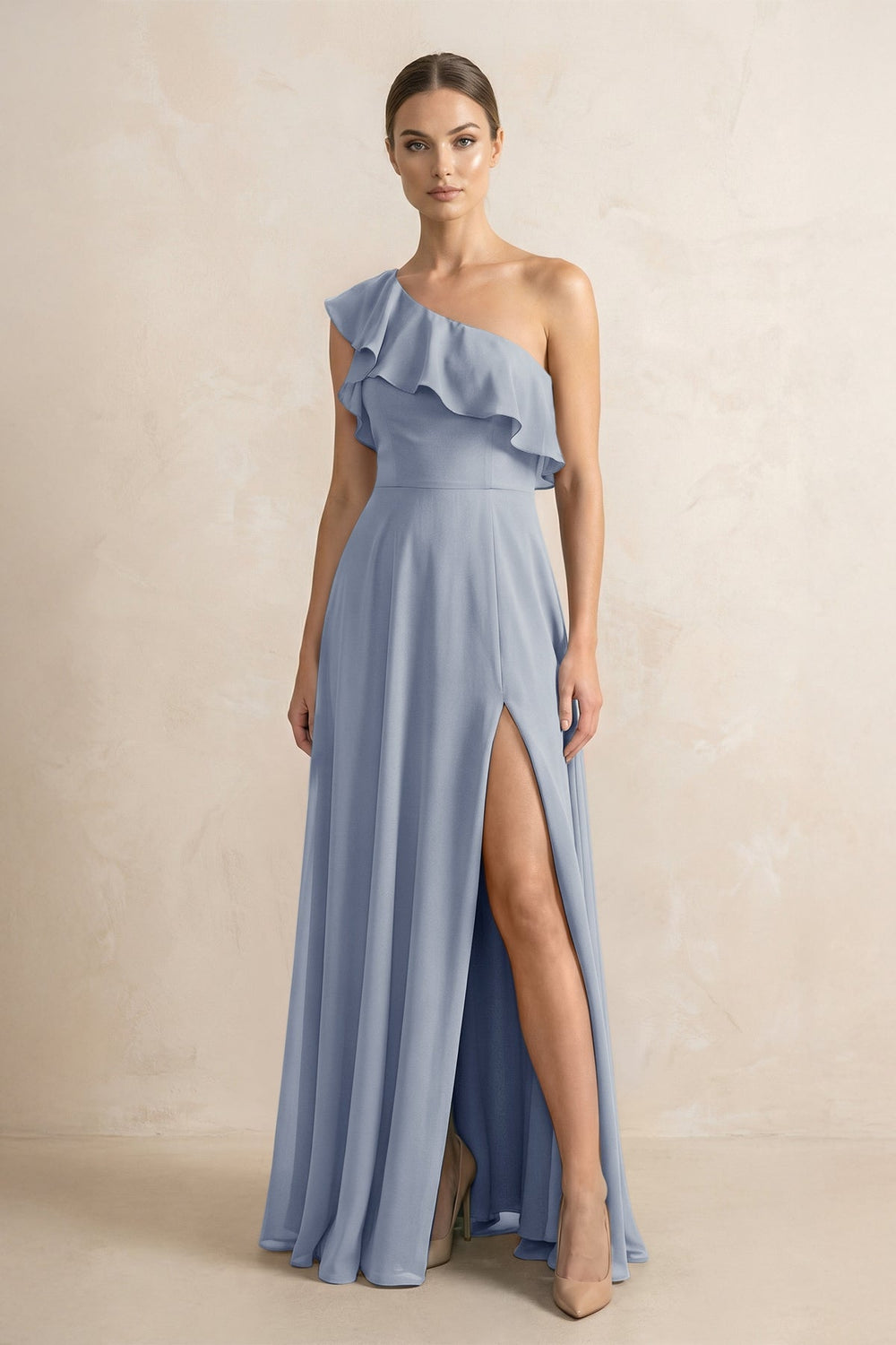Ruffled One - Shoulder A - Line Chiffon Bridesmaid Dress in Twilight - KISS BRIDAL Bridesmaid Dresses