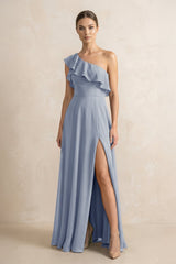 Ruffled One - Shoulder A - Line Chiffon Bridesmaid Dress in Twilight - KISS BRIDAL Bridesmaid Dresses