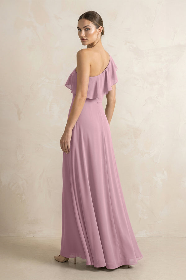 Ruffled One-Shoulder A-Line Chiffon Bridesmaid Dress in Vintage Mauve (2) | KISSBRIDAL