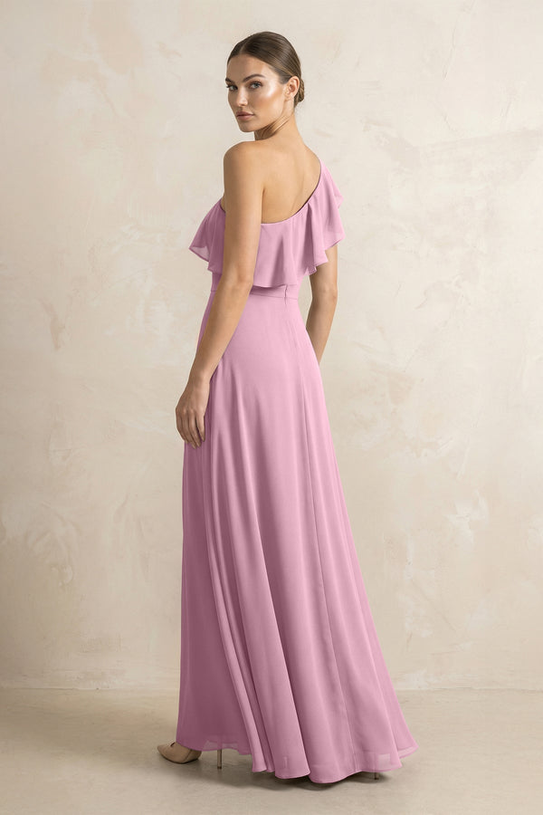 Ruffled One - Shoulder A - Line Chiffon Bridesmaid Dress in Vintage Mauve - KISS BRIDAL Bridesmaid Dresses