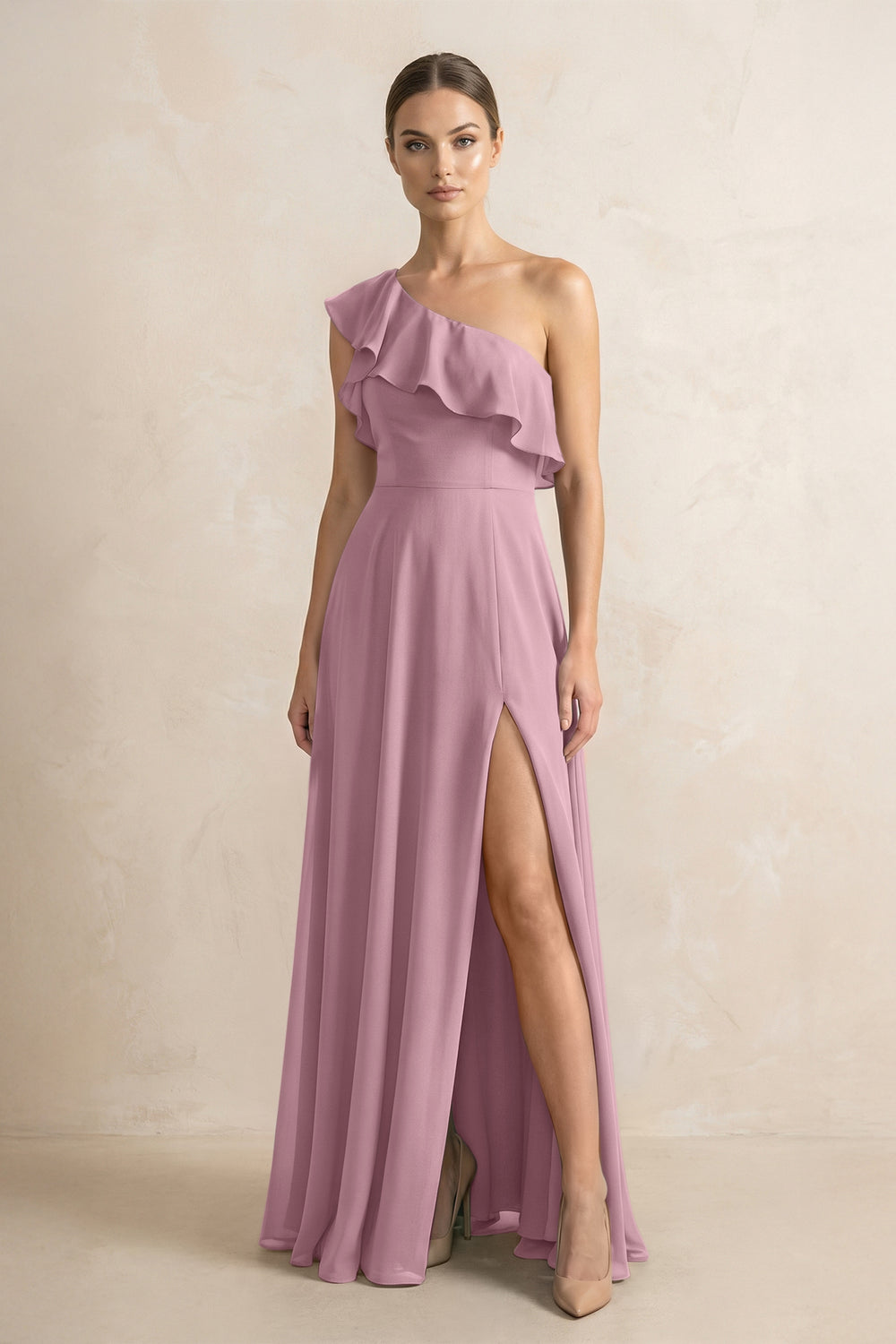 Ruffled One-Shoulder A-Line Chiffon Bridesmaid Dress in Vintage Mauve