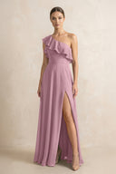 Ruffled One-Shoulder A-Line Chiffon Bridesmaid Dress in Vintage Mauve | KISSBRIDAL