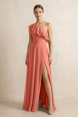 Ruffled One - Shoulder A - Line Chiffon Bridesmaid Dress in Wild Rose - KISS BRIDAL Bridesmaid Dresses