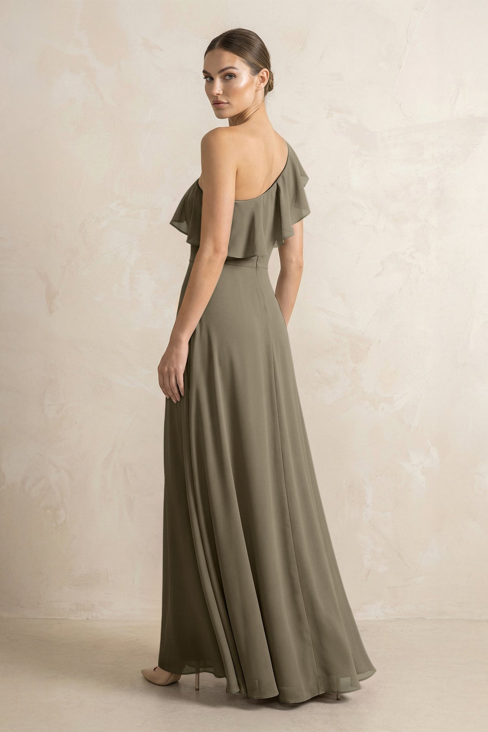 Ruffled One - Shoulder A - Line Chiffon Bridesmaid Dress in Willow Green - KISS BRIDAL Bridesmaid Dresses