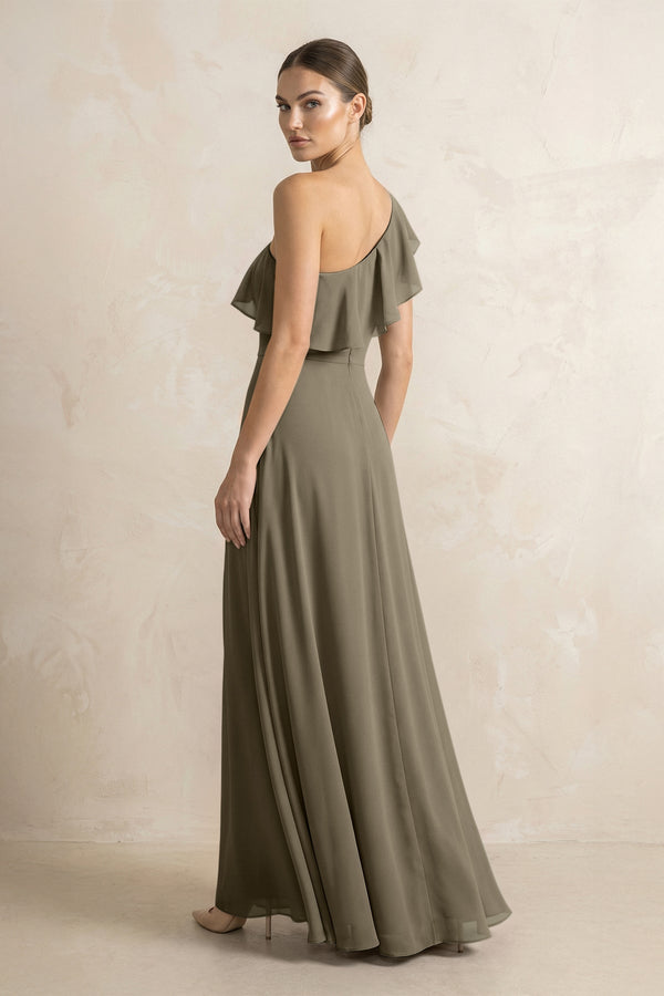 Ruffled One - Shoulder A - Line Chiffon Bridesmaid Dress in Willow Green - KISS BRIDAL Bridesmaid Dresses