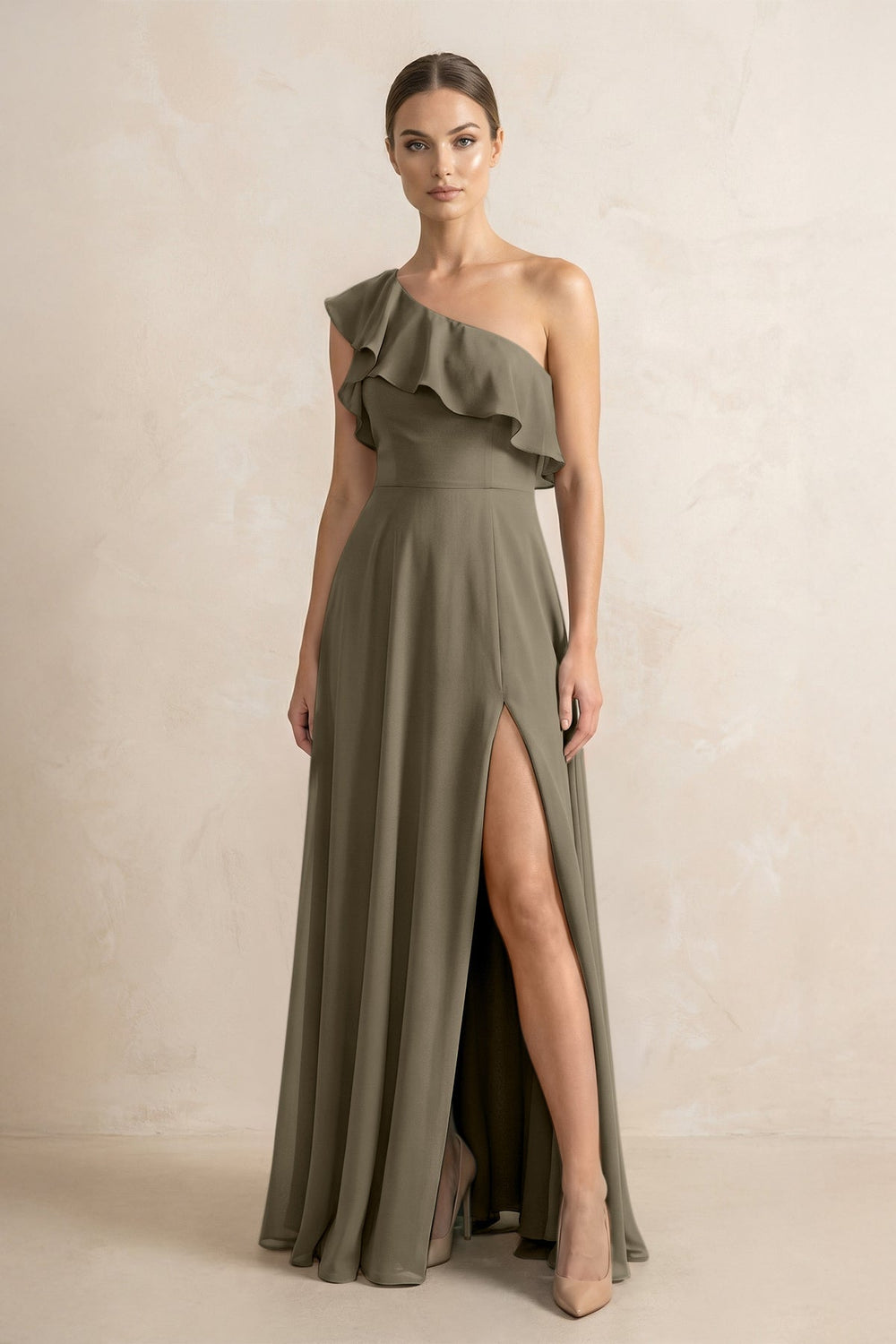 Ruffled One - Shoulder A - Line Chiffon Bridesmaid Dress in Willow Green - KISS BRIDAL Bridesmaid Dresses