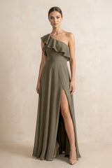Ruffled One - Shoulder A - Line Chiffon Bridesmaid Dress in Willow Green - KISS BRIDAL Bridesmaid Dresses