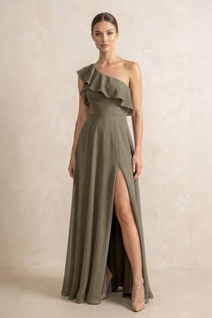 Ruffled One - Shoulder A - Line Chiffon Bridesmaid Dress in Willow Green - KISS BRIDAL Bridesmaid Dresses