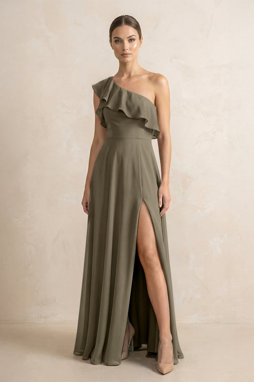 Ruffled One - Shoulder A - Line Chiffon Bridesmaid Dress in Willow Green - KISS BRIDAL Bridesmaid Dresses