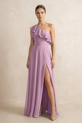 Ruffled One - Shoulder A - Line Chiffon Bridesmaid Dress in Wisteria - KISS BRIDAL Bridesmaid Dresses
