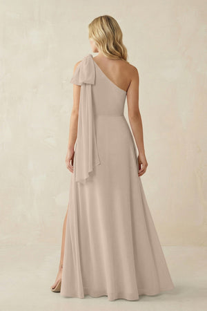 Ruffled One Shoulder Chiffon Bridesmaid Dress With Slit in Almond - SHE IS ME BRIDESMAID DRESSES