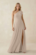 Ruffled One Shoulder Chiffon Bridesmaid Dress With Slit in Almond - SHE IS ME BRIDESMAID DRESSES