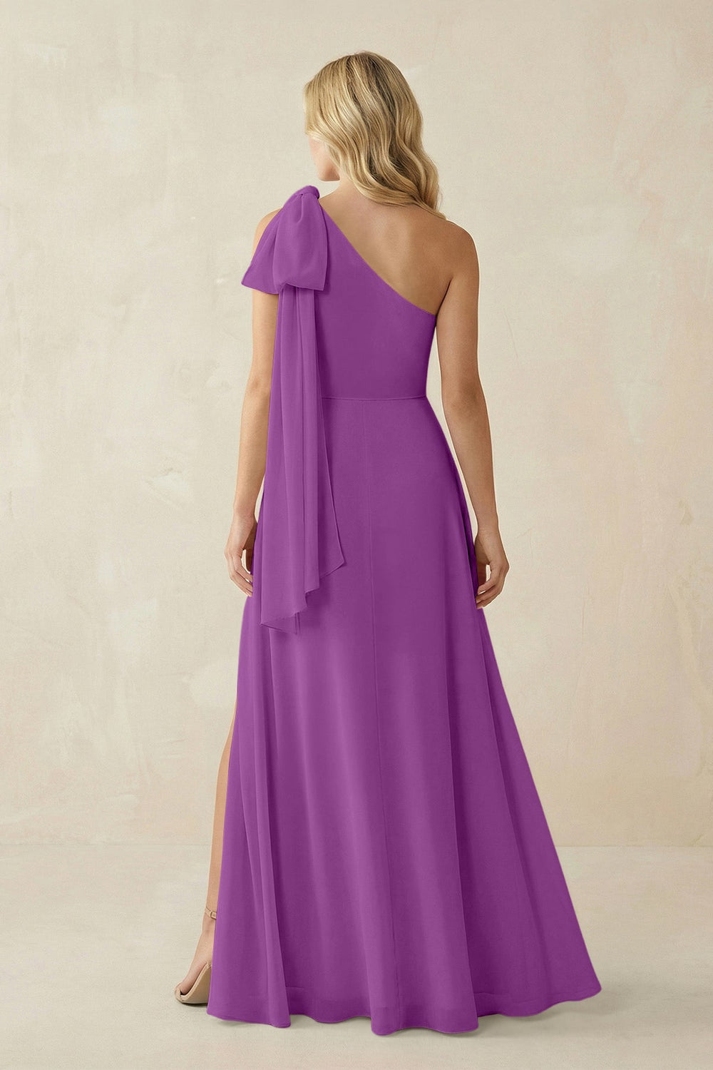 Ruffled One Shoulder Chiffon Bridesmaid Dress With Slit in Amethyst - KISS BRIDAL BRIDESMAID DRESSES
