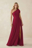 Ruffled One Shoulder Chiffon Bridesmaid Dress With Slit in Berry - SHE IS ME BRIDESMAID DRESSES