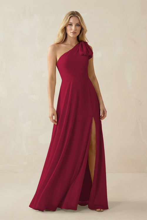 Ruffled One Shoulder Chiffon Bridesmaid Dress With Slit in Berry - SHE IS ME BRIDESMAID DRESSES