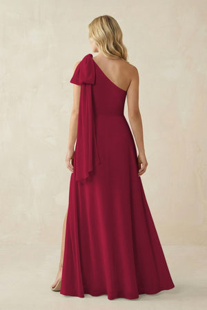 Ruffled One Shoulder Chiffon Bridesmaid Dress With Slit in Berry - SHE IS ME BRIDESMAID DRESSES