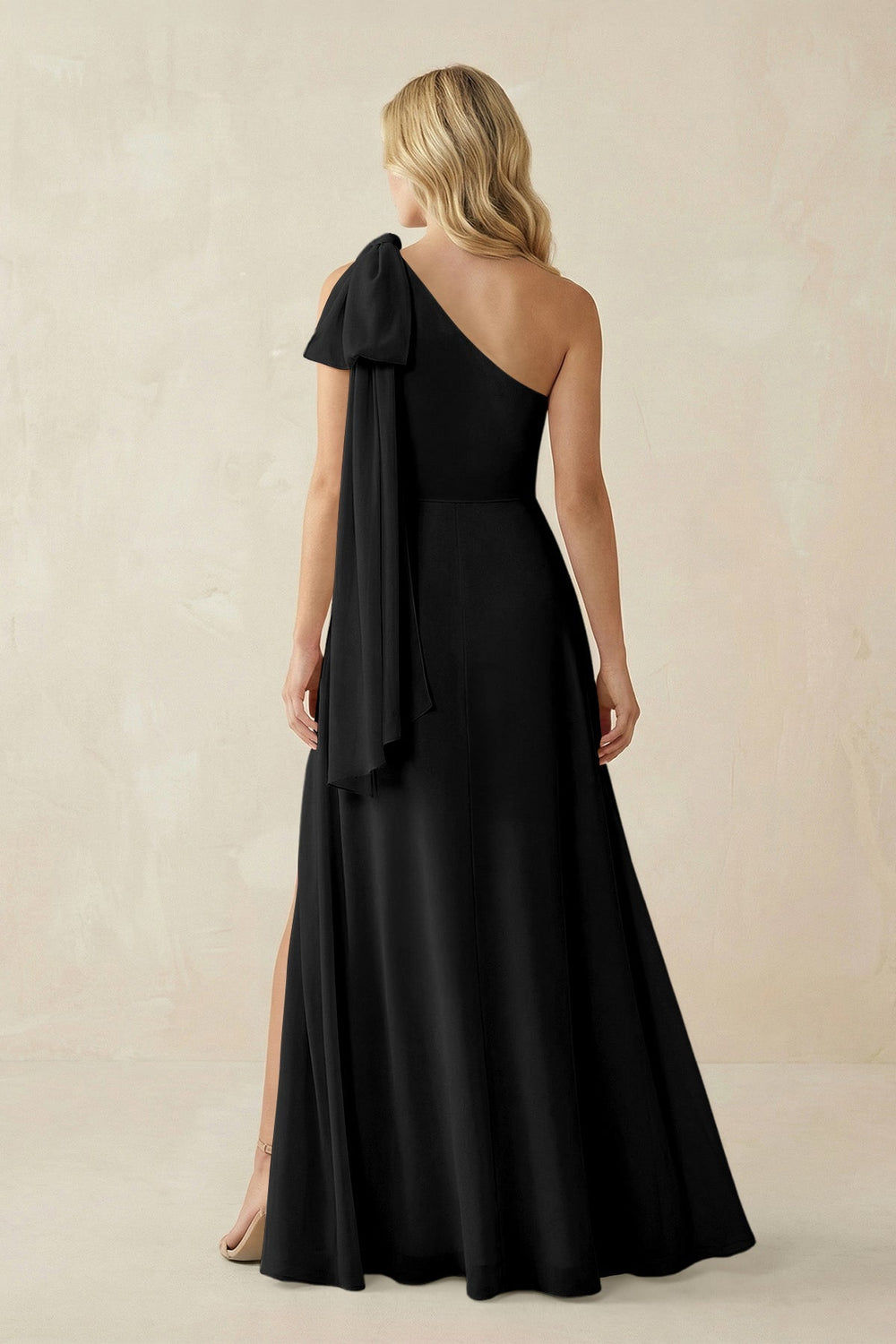 Ruffled One Shoulder Chiffon Bridesmaid Dress With Slit in Black - KISS BRIDAL BRIDESMAID DRESSES