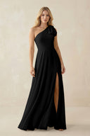 Ruffled One Shoulder Chiffon Bridesmaid Dress With Slit in Black - SHE IS ME BRIDESMAID DRESSES